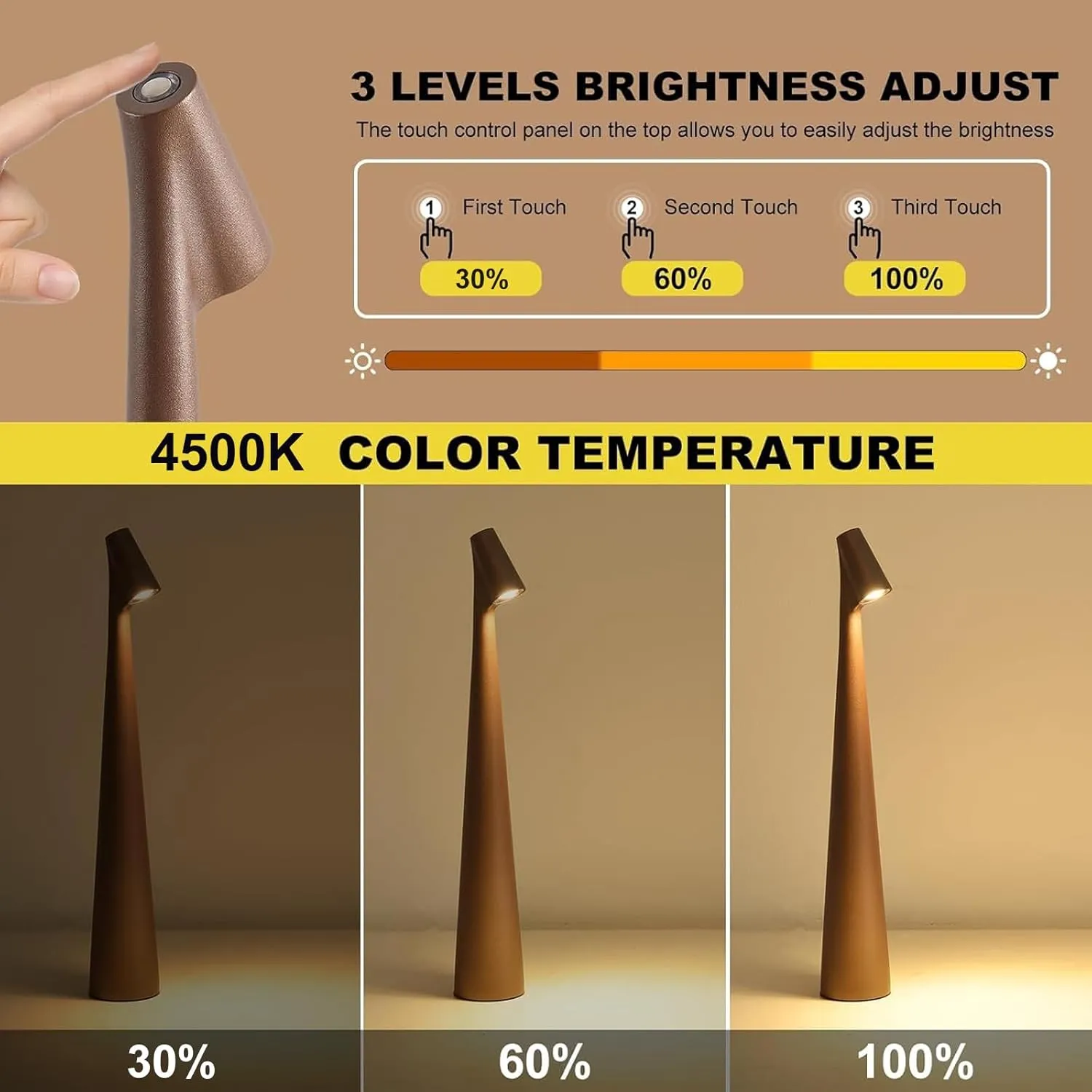 Cordless Small Table Lamps Set of 2,3 Levels Brightness Portable Desk Lamp,Rechargeable Battery Lights for Outdoor, Restaurant, Bedside, Baby Night Light,Gifts(Brown)