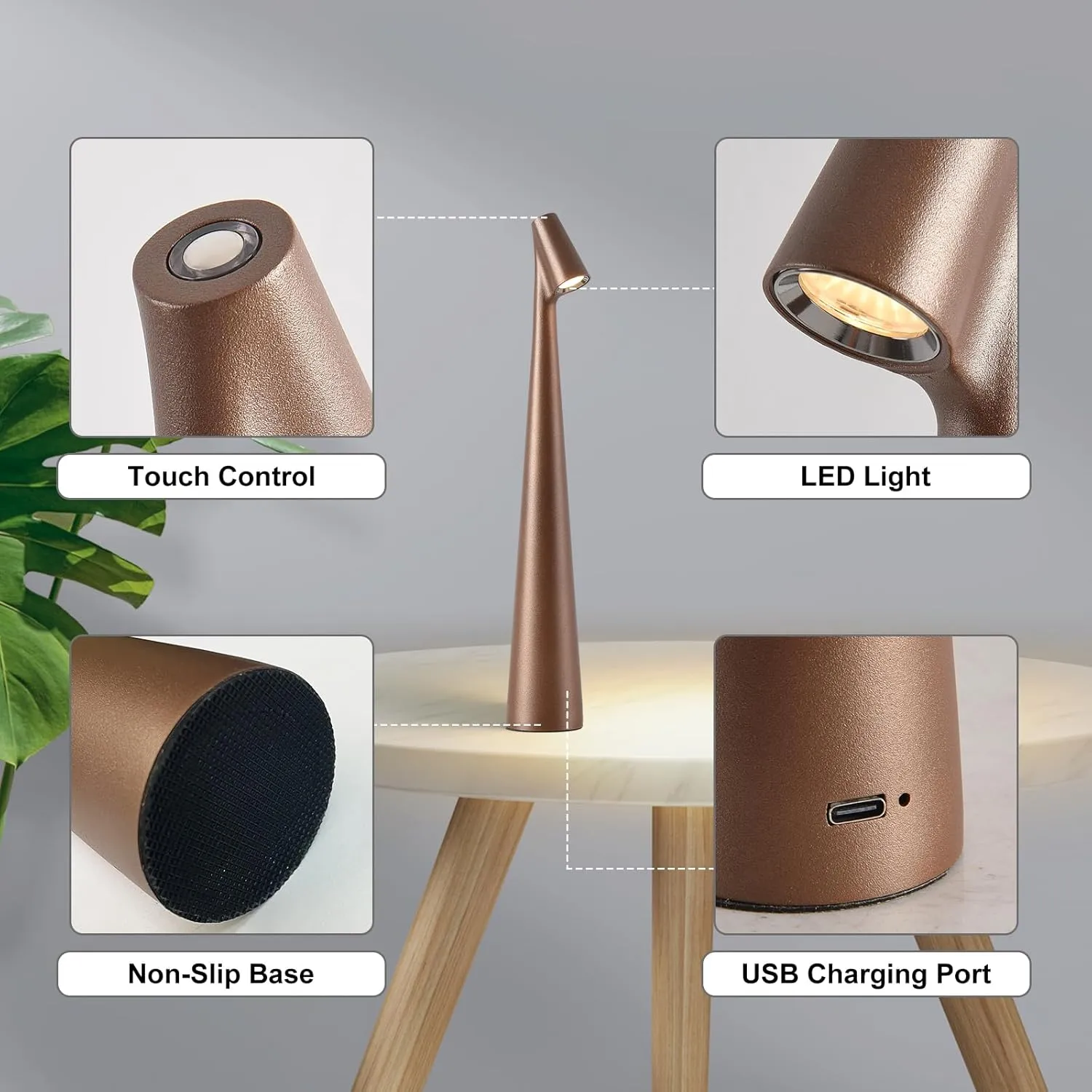 Cordless Small Table Lamps Set of 2,3 Levels Brightness Portable Desk Lamp,Rechargeable Battery Lights for Outdoor, Restaurant, Bedside, Baby Night Light,Gifts(Brown)