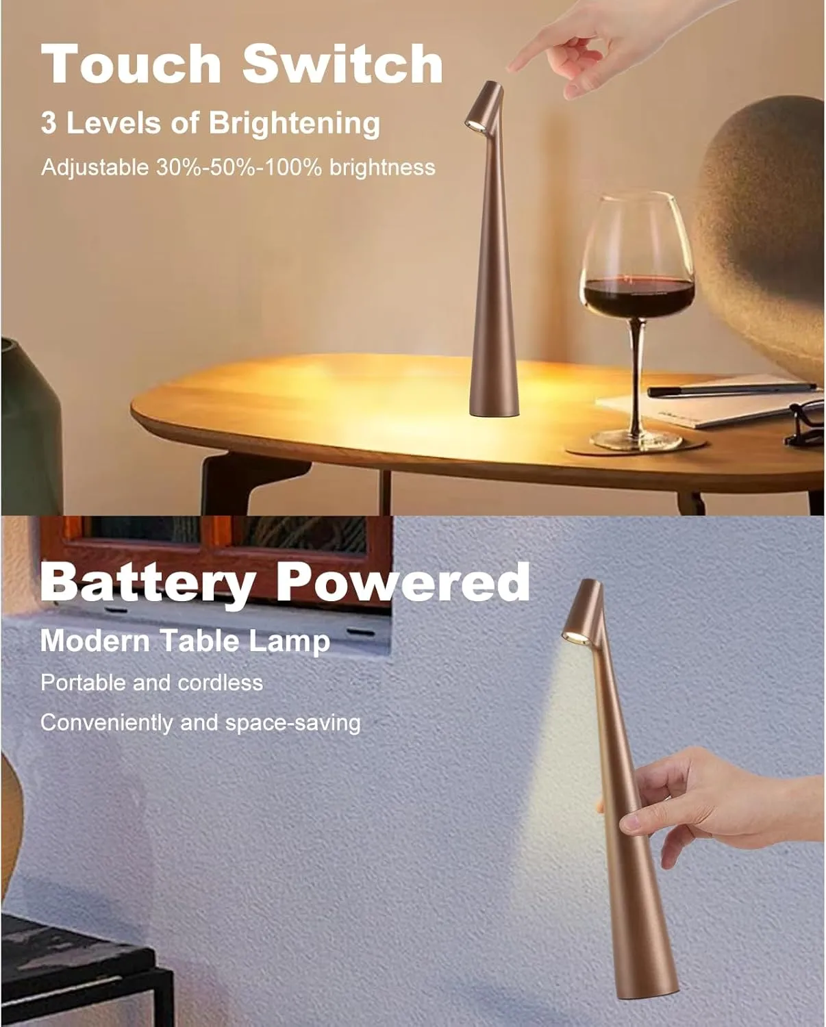 Cordless Small Table Lamps Set of 2,3 Levels Brightness Portable Desk Lamp,Rechargeable Battery Lights for Outdoor, Restaurant, Bedside, Baby Night Light,Gifts(Brown)
