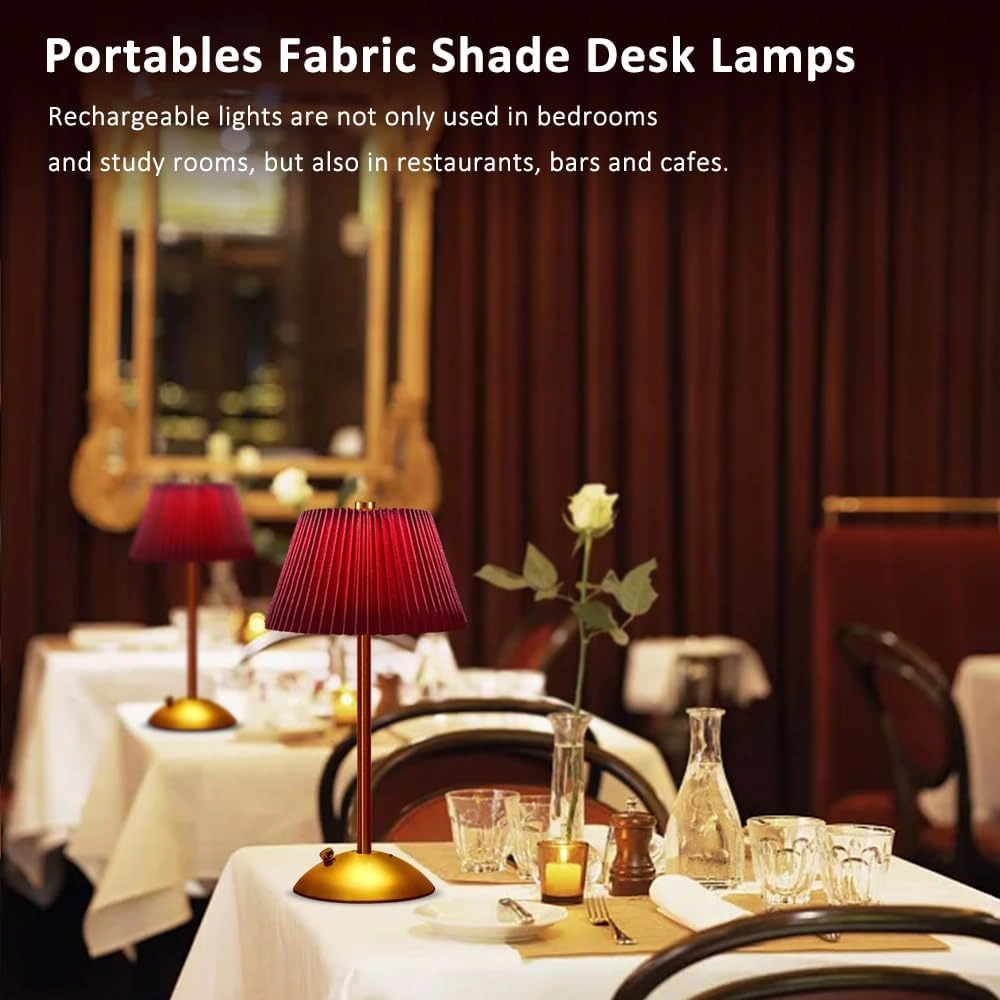 Cordless Metal Desk Lamp,Touch Sensor Control LED Table Lamp,3 Way Dimmable Nightstand Lamp with Fabric Shade Desk Lamp for Living Room, Dorm, Home Office (Red)