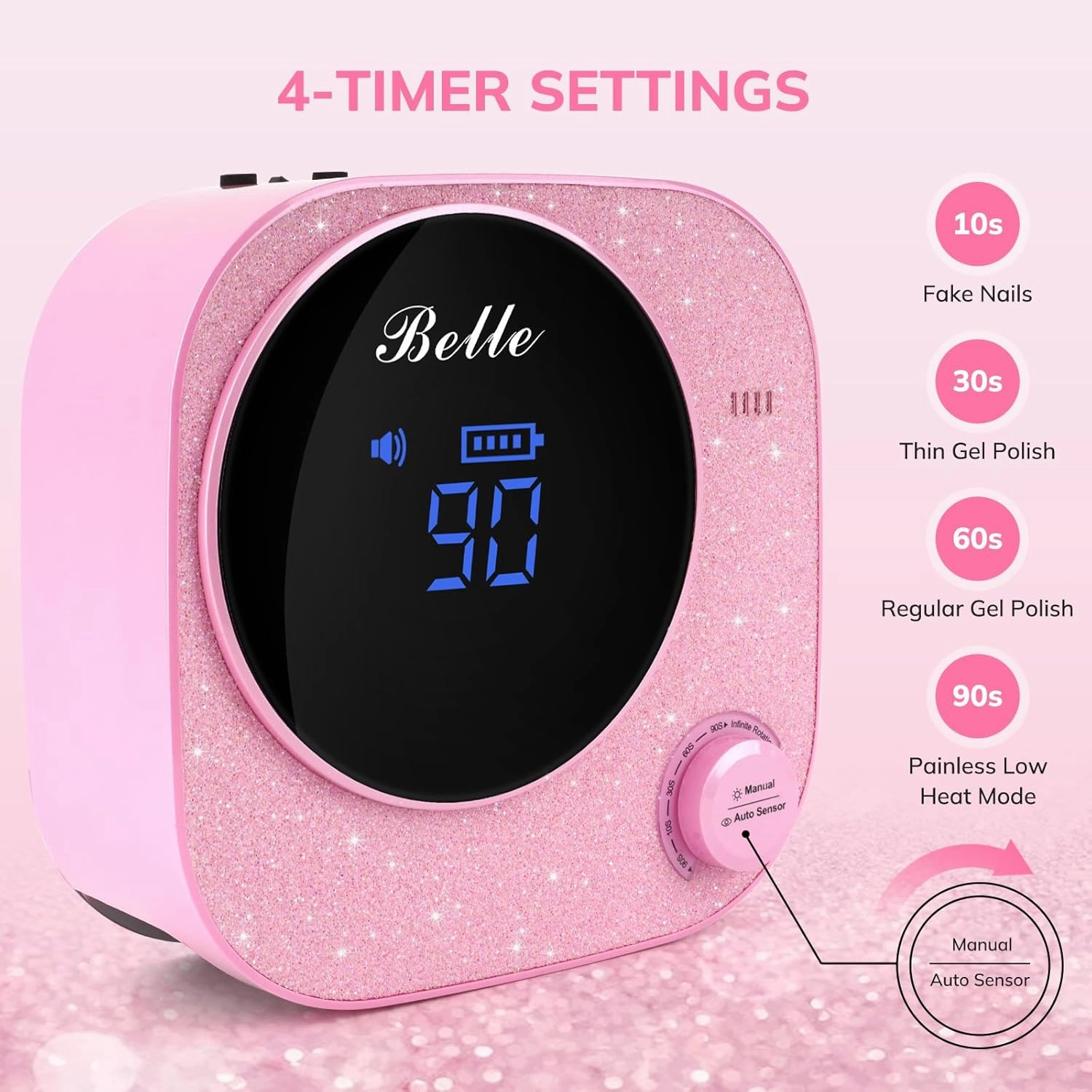 Cordless UV LED Nail Lamp, Belle 54W Rechargeable UV Light for Gel Nails, Professional Quick Dry Curing Lamp with 4 Timers and Auto Sensor, Sparkling Pink Diamond Curing Lamp for Salon & Home