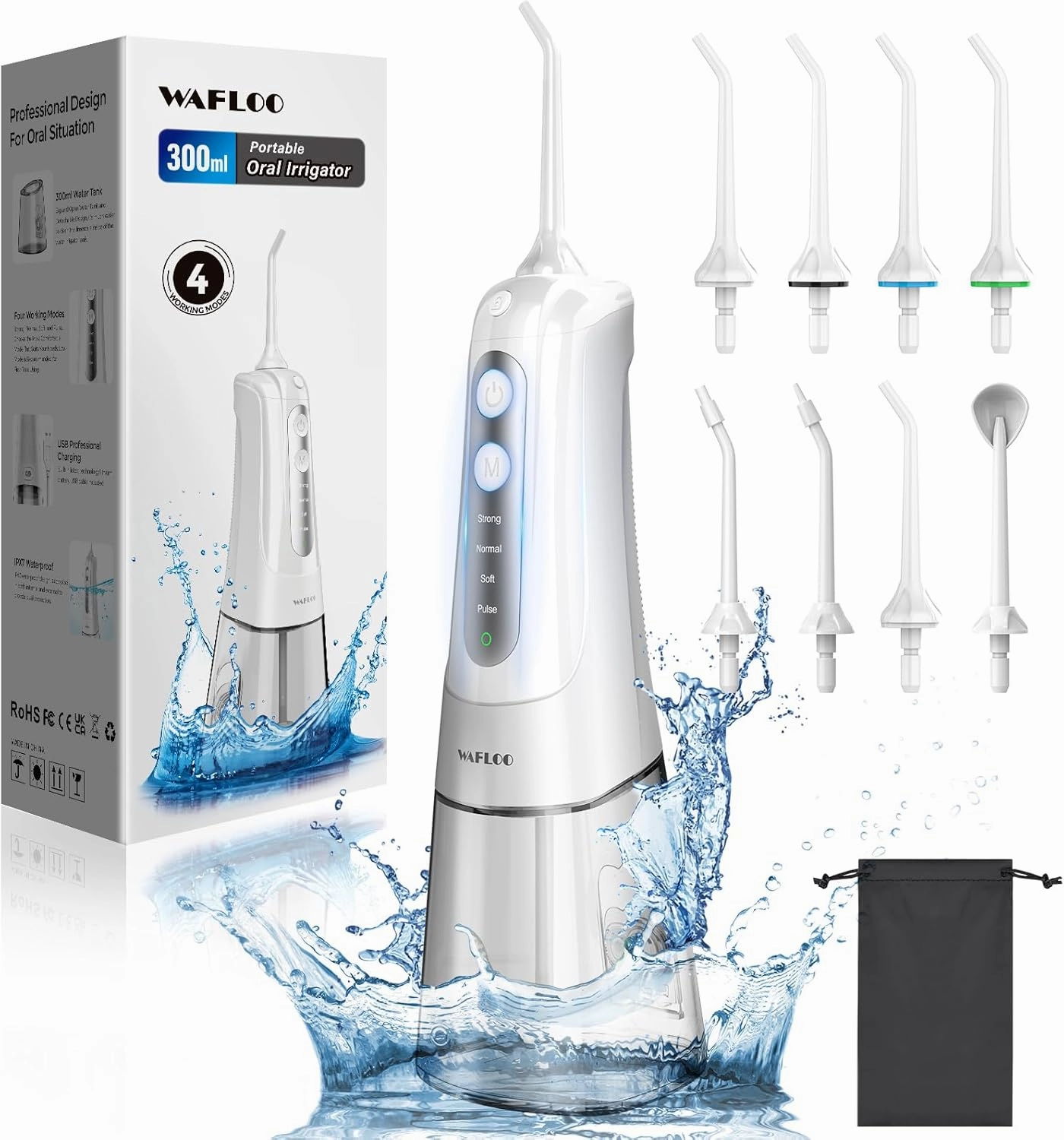 Cordless Water Dental Flosser for Teeth, with 8 Jet Tips, 300ML Tank Oral Irrigator Portable with 4 Modes IPX7 Waterproof Rechargeable Water Floss for Home Travel, Adults Teeth Cleaning (White)