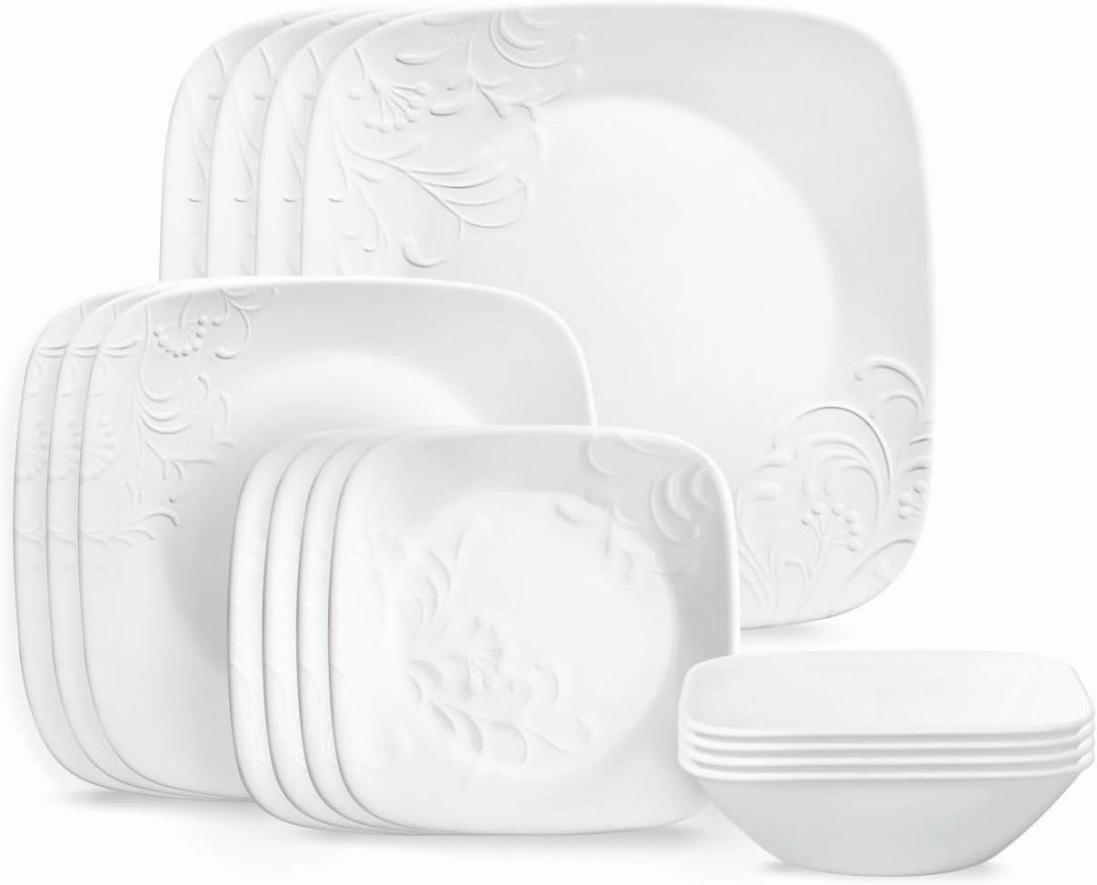 Corelle Cherish 16pc Dinnerware Set, Service for 4, 8 Plates 8 Bowls, Chip & Break Resistant, White Corelleware