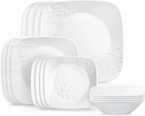 Corelle Cherish 16pc Dinnerware Set, Service for 4, 8 Plates 8 Bowls, Chip & Break Resistant, White Corelleware