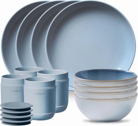 Corelle Stoneware 16-Pc Dinnerware Set, Handcrafted Artisanal Double Bead Plates, Meal Bowls, Bowls and Tumblers, Solid and Reactive Glazes, Dining Plate Set, Nordic Blue