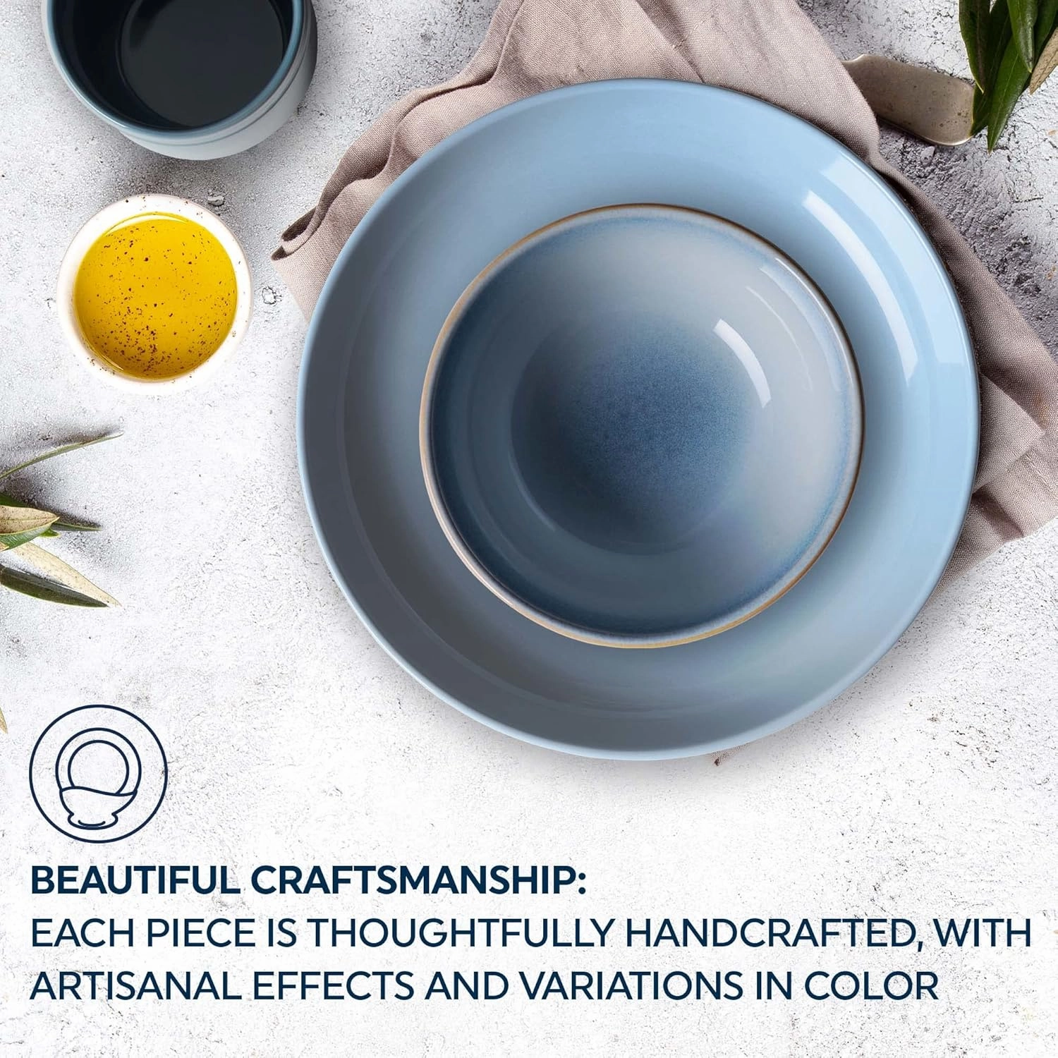 Corelle Stoneware 16-Pc Dinnerware Set, Handcrafted Artisanal Double Bead Plates, Meal Bowls, Bowls and Tumblers, Solid and Reactive Glazes, Dining Plate Set, Nordic Blue