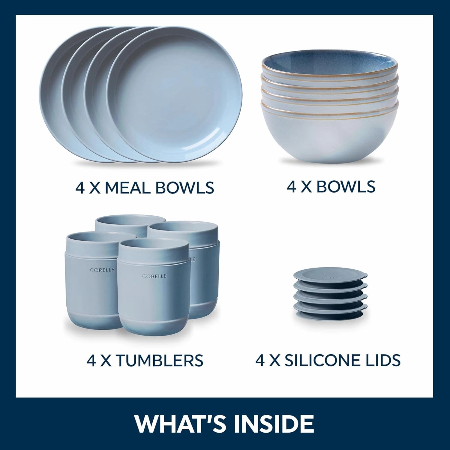 Corelle Stoneware 16-Pc Dinnerware Set, Handcrafted Artisanal Double Bead Plates, Meal Bowls, Bowls and Tumblers, Solid and Reactive Glazes, Dining Plate Set, Nordic Blue