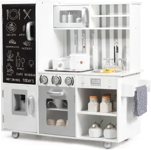 Costzon Kids Kitchen Playset, Wooden Pretend Chef Cooking Set with Simulated Sound, Accessory Utensils, Fringe, Blackboard, Water Dispenser, Oven, Sink, Toddler Kitchen Toy Set Gift for Boys Girls 3 