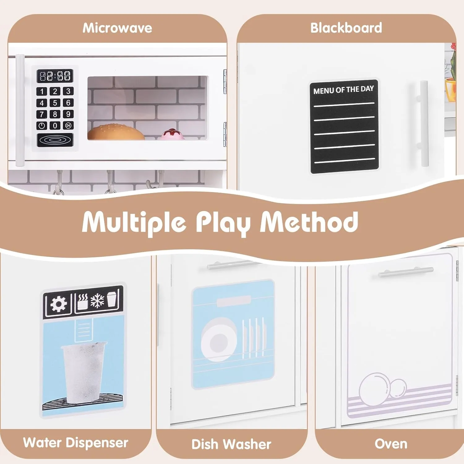 Costzon Play Kitchen for Kids, Wooden Toy Kitchen Set with Blackboard, Faucet, Sink, Oven, Microwave, Dishwasher, Accessories, Pretend Cooking Toy for Toddlers, Kids Kitchen Playset, Gift for Ages 3 
