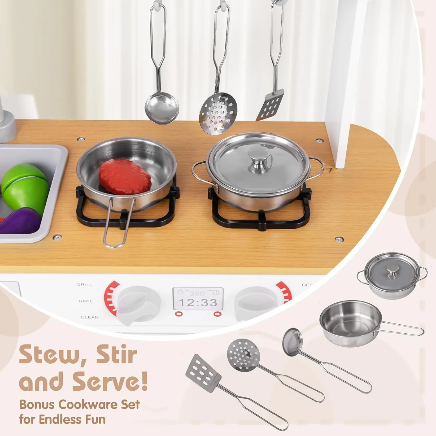 Costzon Play Kitchen for Kids, Wooden Toy Kitchen Set with Blackboard, Faucet, Sink, Oven, Microwave, Dishwasher, Accessories, Pretend Cooking Toy for Toddlers, Kids Kitchen Playset, Gift for Ages 3 