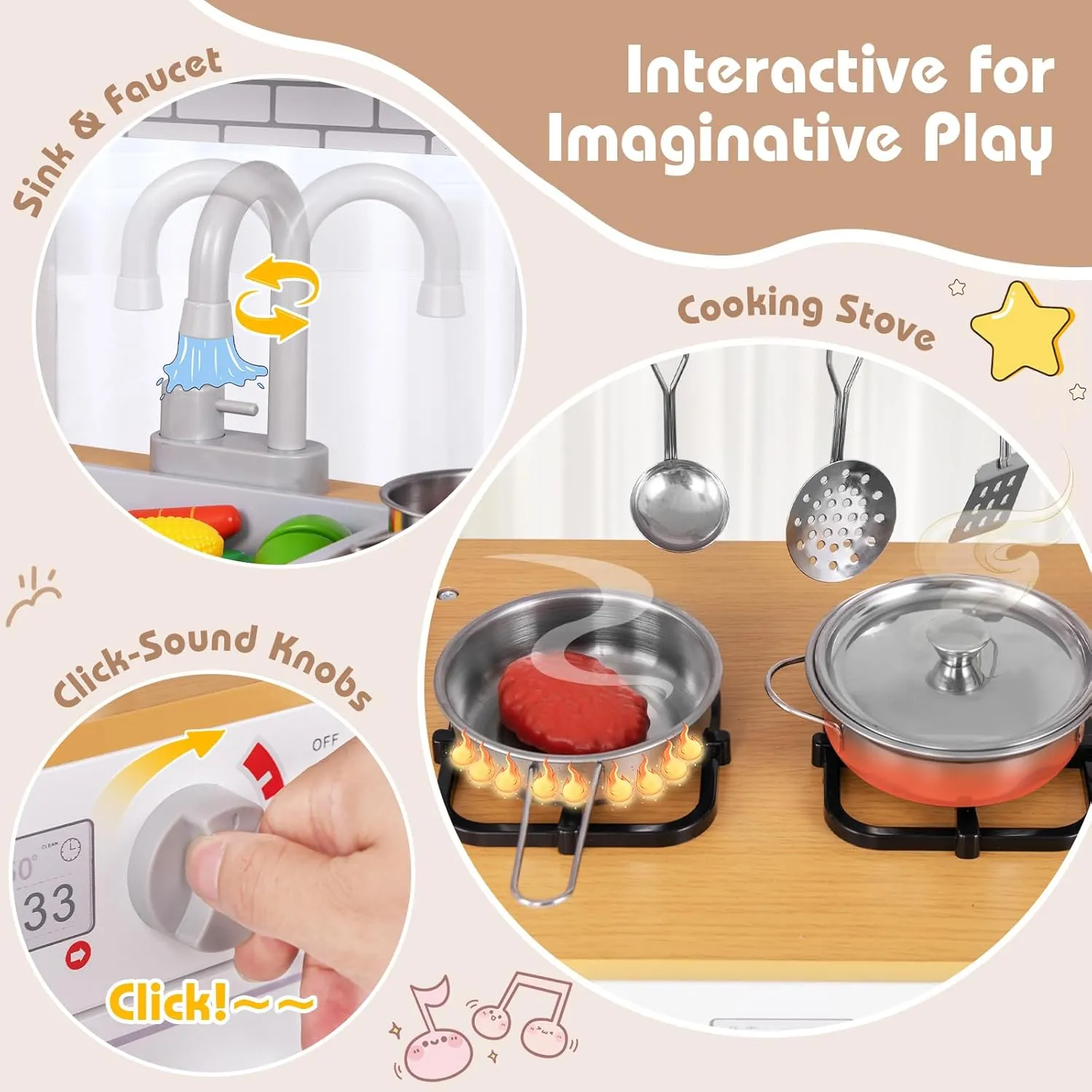 Costzon Play Kitchen for Kids, Wooden Toy Kitchen Set with Blackboard, Faucet, Sink, Oven, Microwave, Dishwasher, Accessories, Pretend Cooking Toy for Toddlers, Kids Kitchen Playset, Gift for Ages 3 