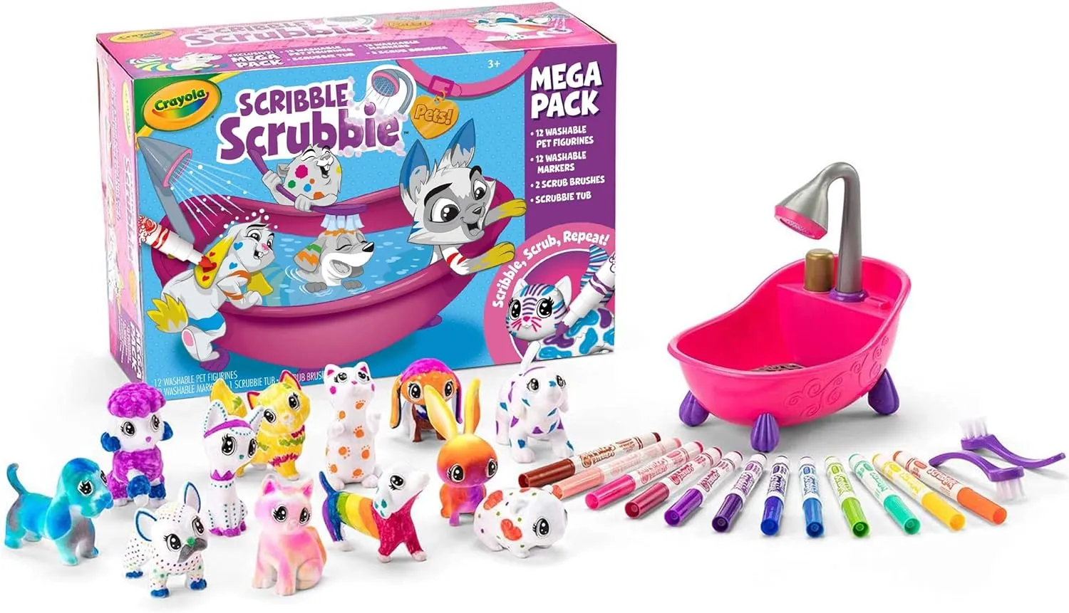 Crayola Scribble Scrubbie Pets Mega Pack (12 Pets), Reusable Pet Care Toy, Dog & Cat Toys for Kids, Holiday Gift for Girls & Boys, 3 