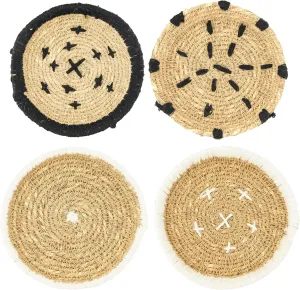 Creative Co-Op Round Handwoven Natural Seagrass Stitching (Set of 4 Burlap Bag) Coasters, Black, 4 Count