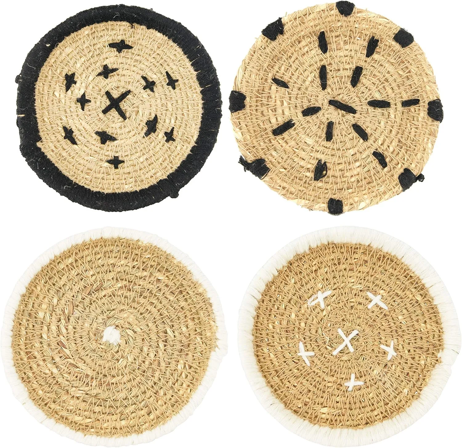 Creative Co-Op Round Handwoven Natural Seagrass Stitching (Set of 4 Burlap Bag) Coasters, Black, 4 Count