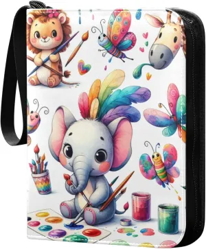 Cute Animal Painted Card Binder 4 Pocket Trading Card Album Fits 400 Sports/Game Cards, PU Cover 3 Ring Card Collection with 50 Removable Sleeves