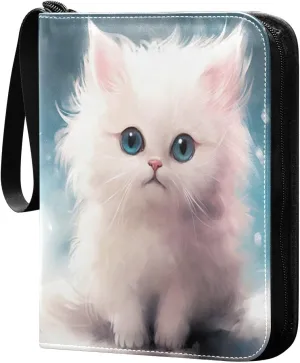 Cute Fluffy Cat Card Binder 4-Pocket, 400 Pockets Trading Cards Holder Games Card Albums Storage Organizer Case for Football, Baseball Cards
