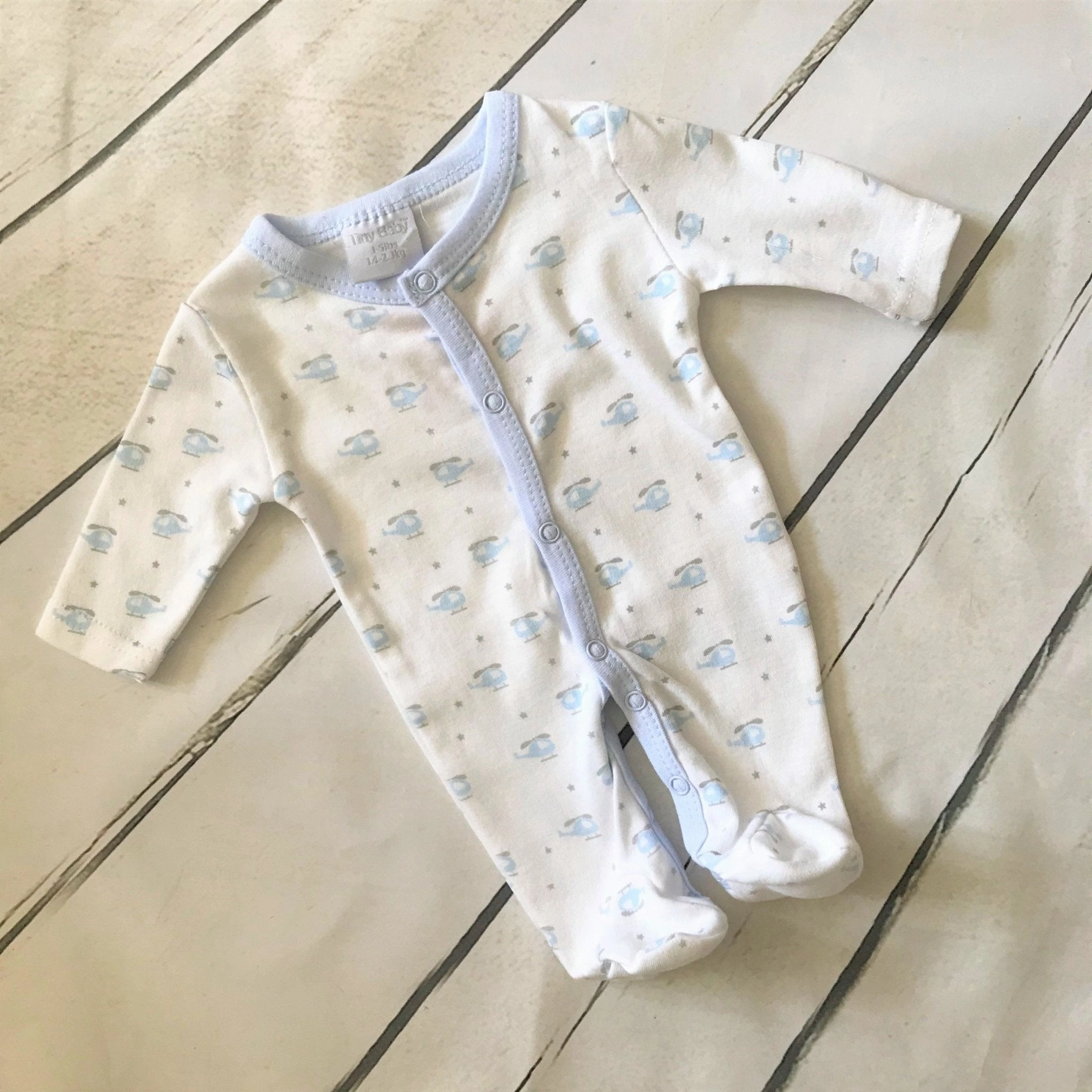 Cute Little One White with Blue Helicopter Print Sleepsuit