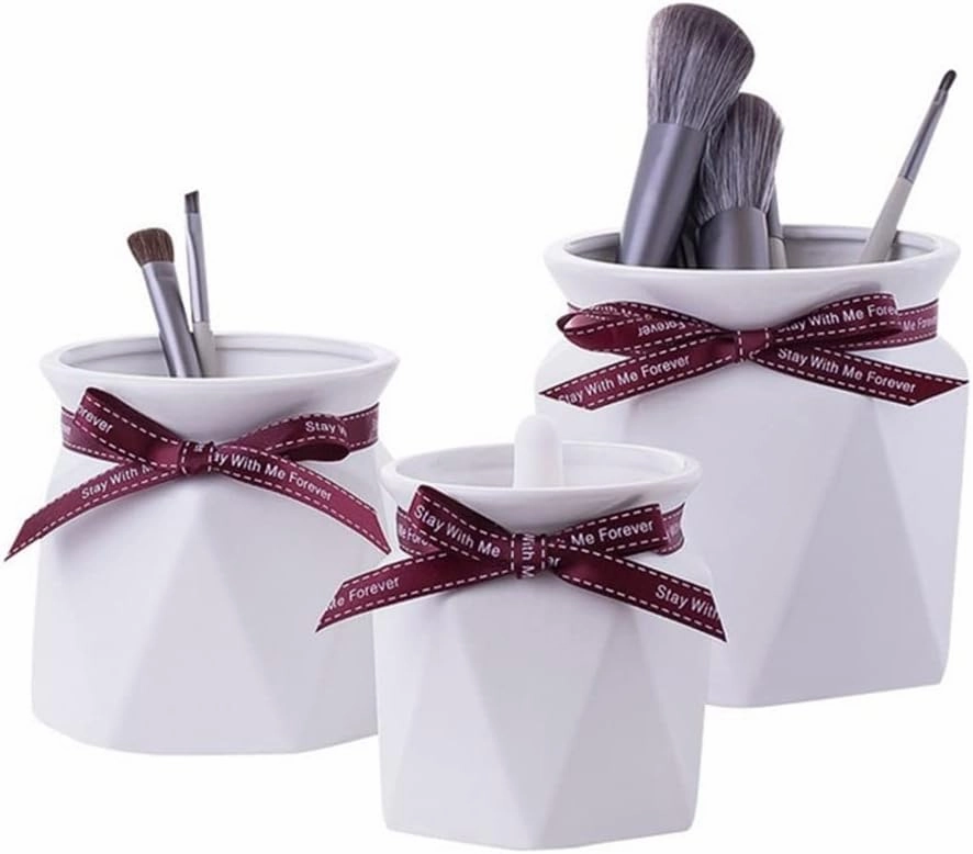 Cute Pen Holder Bucket Ceramic Makeup Brush Bucket Creative Desktop Eyeliner Eyebrow Pencil Storage Container (Color : White, Size : 3Pcs/Set) (White 3Pcs/Set)