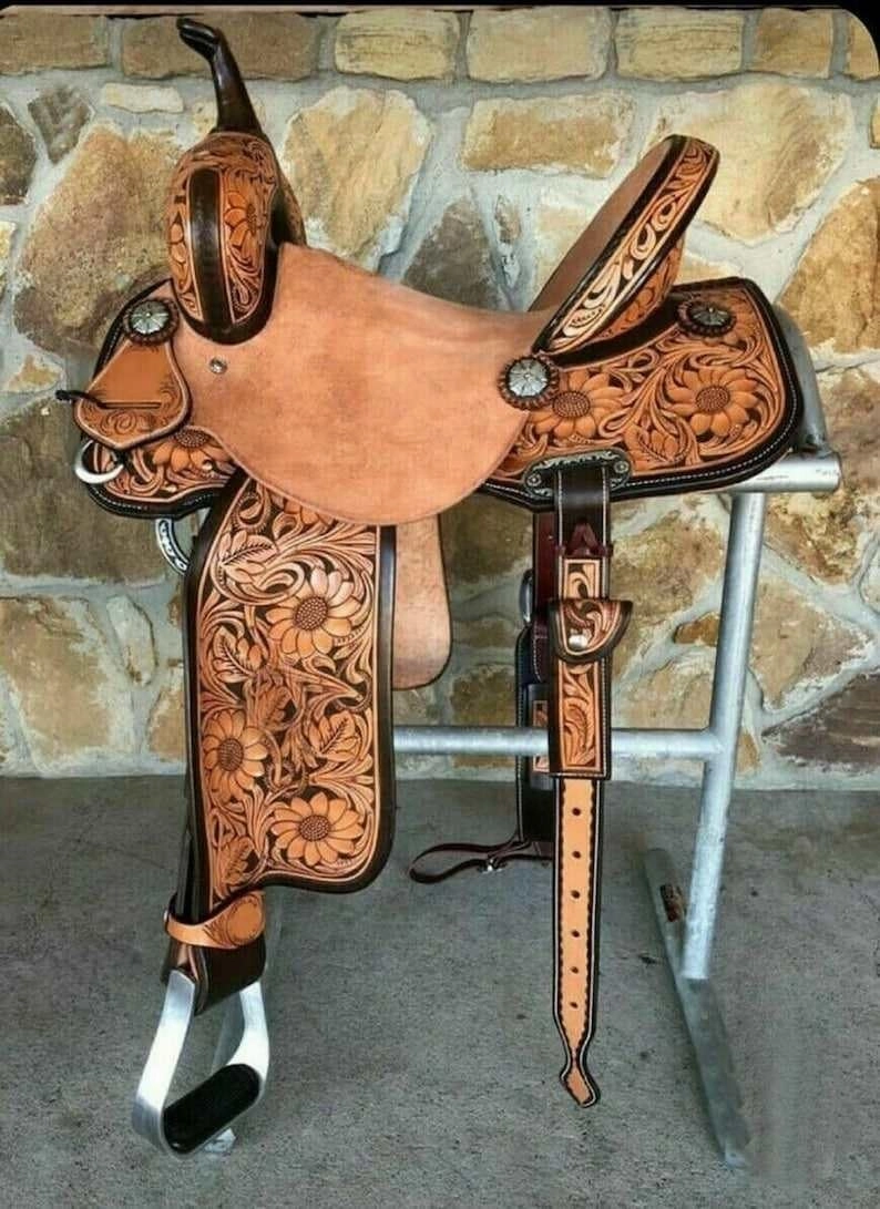 D&L SADDLERY Western Barrel Racing Wooden Tree Horse Saddles Handmade Leather Comfort for Horses Trail Equestrian Tooled Carved Horse Saddle Riding Size: 10-18 inches Seat, EQ12
