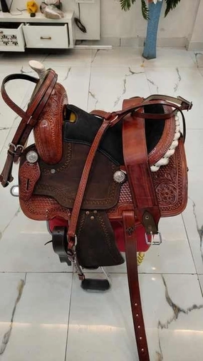 D&L SADDLERY Western Barrel Racing Wooden Tree Horse Saddles Handmade Leather Comfort for Horses Trail Equestrian Tooled Carved Horse Saddle Riding Size: 10-18 inches Seat, ER05