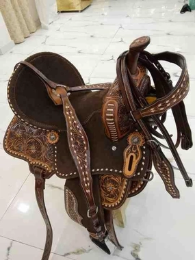D&L SADDLERY Western Barrel Racing Wooden Tree Horse Saddles Handmade Leather Comfort for Horses Trail Equestrian Tooled Carved Horse Saddle Riding Size: 10-18 inches Seat, EW04