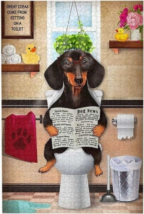 Dachshund Dog Sitting On Toilet Jigsaw Puzzles 500 Pieces for Adults - Dog Reading Newspaper Animal Wooden Picture Puzzle - Puzzles for Youth Children Home Decor Funny Game Best Gift Preschool Toys