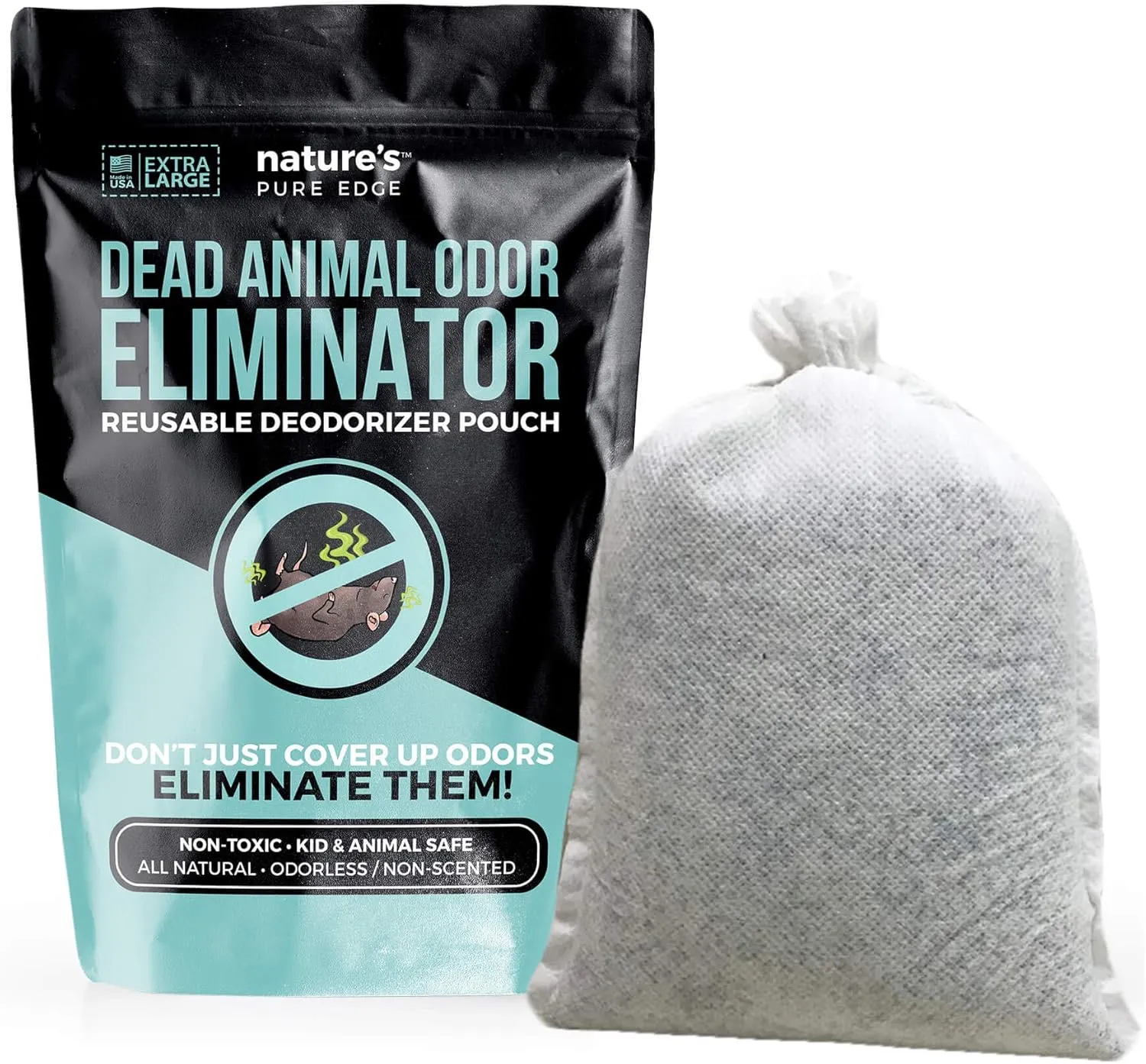 Dead Animal Smell Removal Reusable Deodorant Pouch. Eliminate dead Animal Smell Without Scent. Decay Odor Remover. Fragrance Free. Pet and Kid Safe. Extra Large, Covers 375 Square Feet.