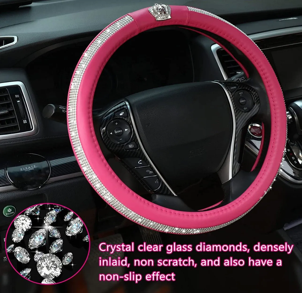 Diamond Steering Wheel Cover with Bling Bling Crystal Rhinestones-Leather Fashion Steering Wheel Covers for Women, Universal 15 Inch Car Steering Wheel Cover for Vehicle, Sedan, SUV (Pink)