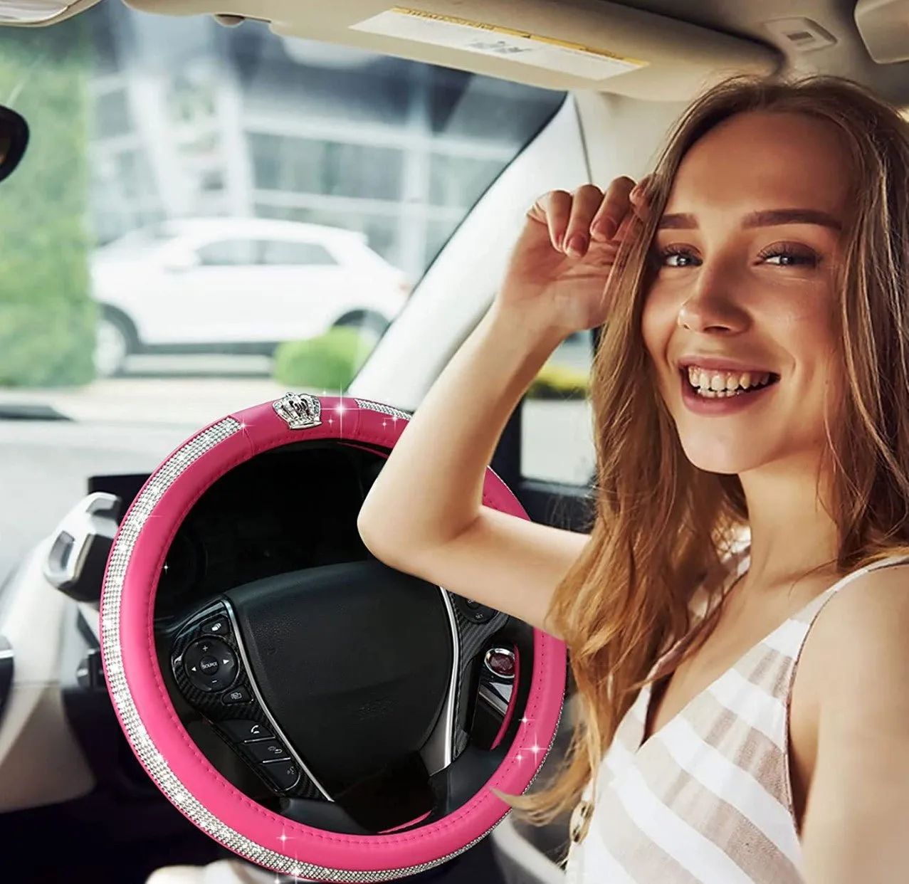 Diamond Steering Wheel Cover with Bling Bling Crystal Rhinestones-Leather Fashion Steering Wheel Covers for Women, Universal 15 Inch Car Steering Wheel Cover for Vehicle, Sedan, SUV (Pink)