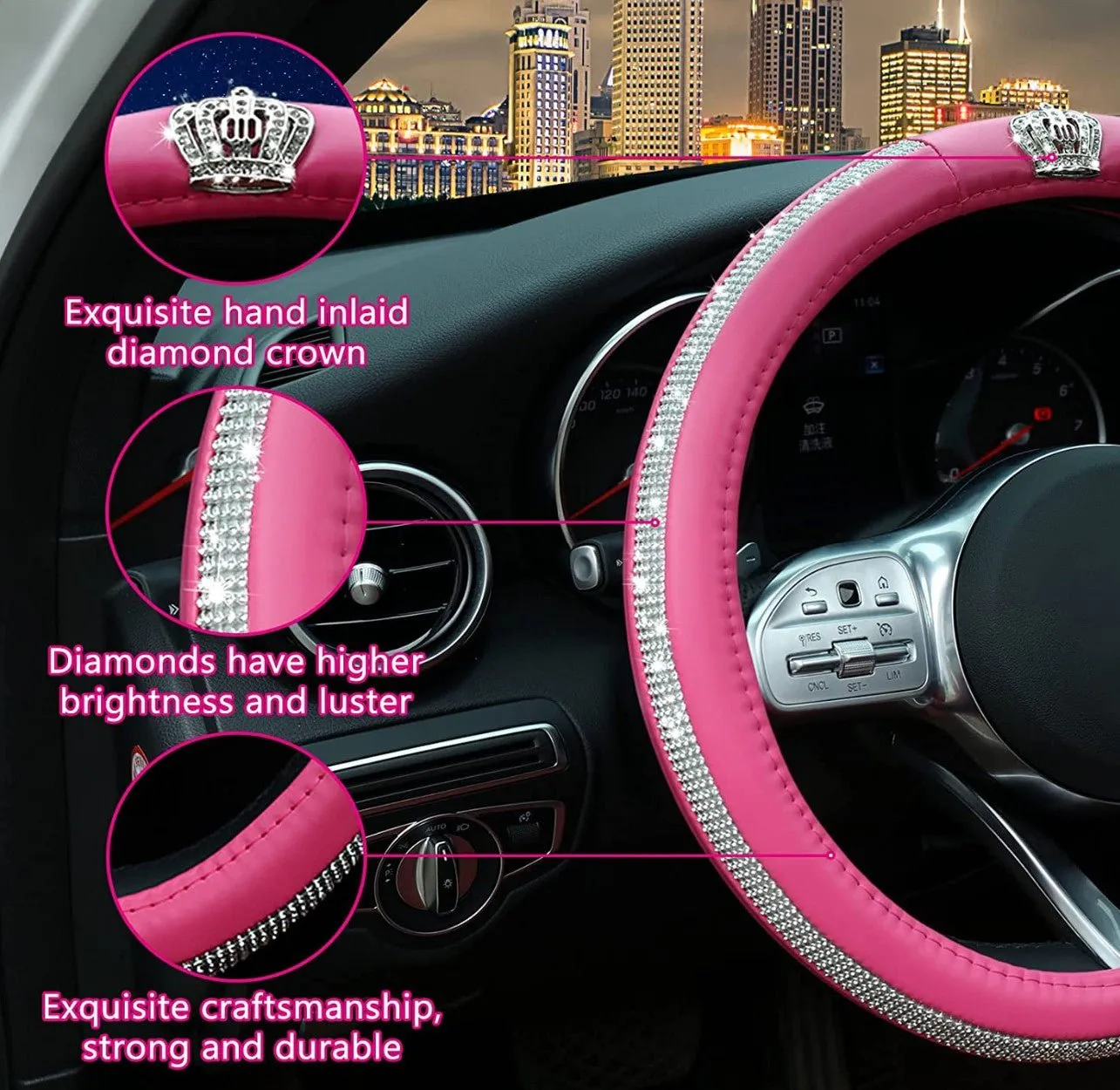 Diamond Steering Wheel Cover with Bling Bling Crystal Rhinestones-Leather Fashion Steering Wheel Covers for Women, Universal 15 Inch Car Steering Wheel Cover for Vehicle, Sedan, SUV (Pink)