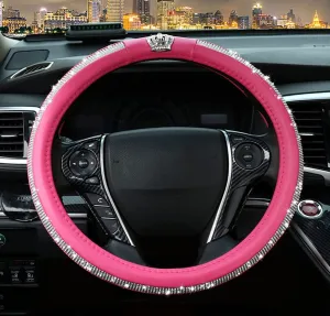 Diamond Steering Wheel Cover with Bling Bling Crystal Rhinestones-Leather Fashion Steering Wheel Covers for Women, Universal 15 Inch Car Steering Wheel Cover for Vehicle, Sedan, SUV (Pink)