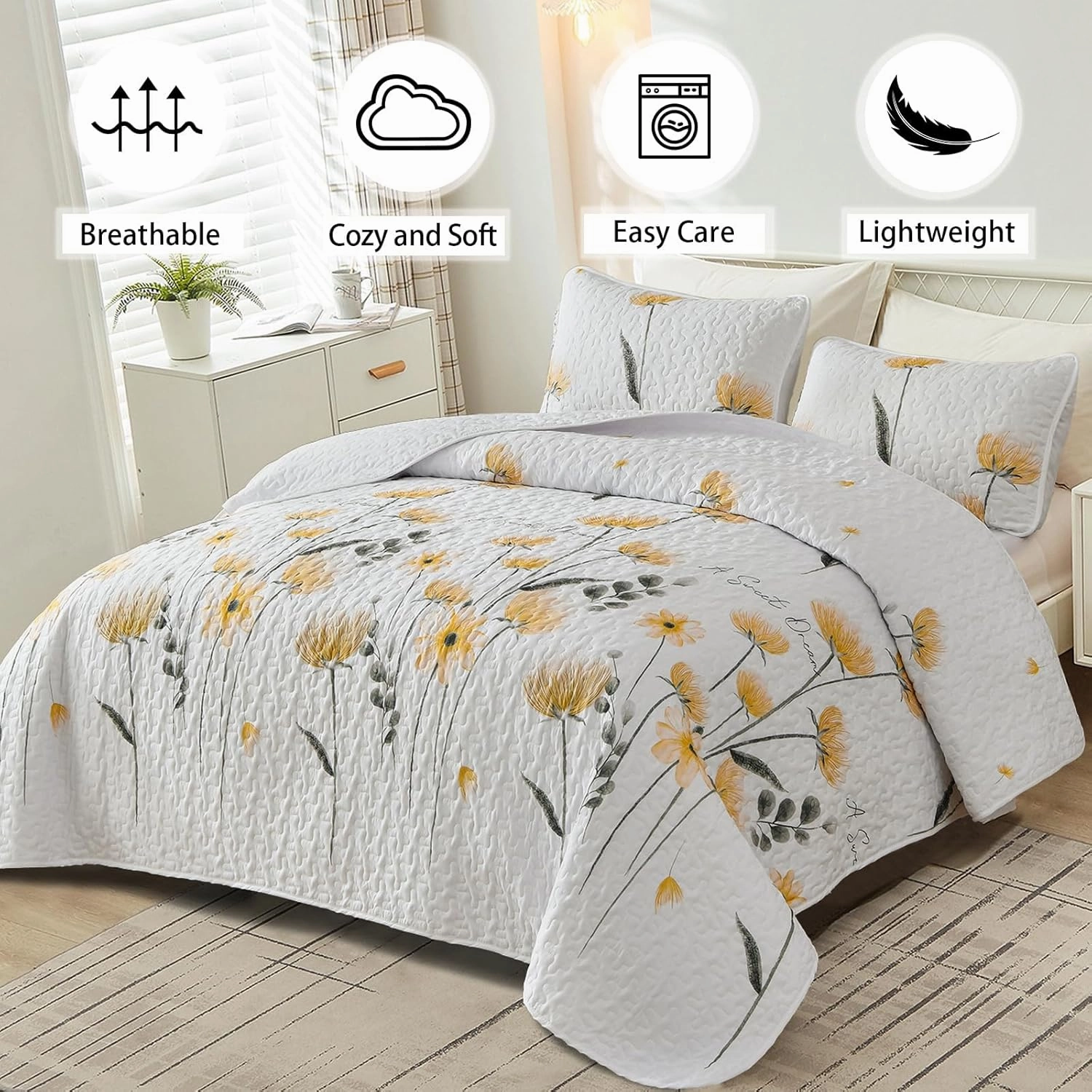 Dinjoy Floral Quilt Set California King Size,Yellow Flower Bedspread Farmhouse Bedding Soft Lightweight Summer Quilts 3 Piece White Oversized Bedspreads Bed Sets (Cal King,110"x96")
