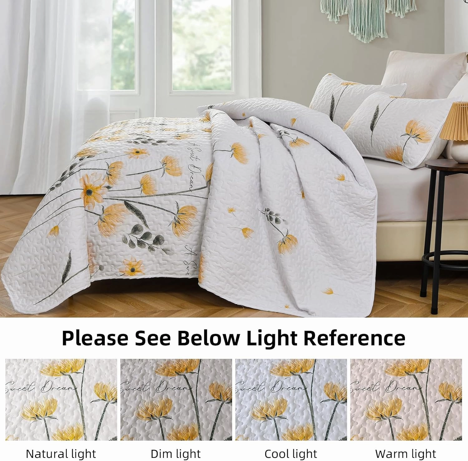 Dinjoy Floral Quilt Set California King Size,Yellow Flower Bedspread Farmhouse Bedding Soft Lightweight Summer Quilts 3 Piece White Oversized Bedspreads Bed Sets (Cal King,110"x96")