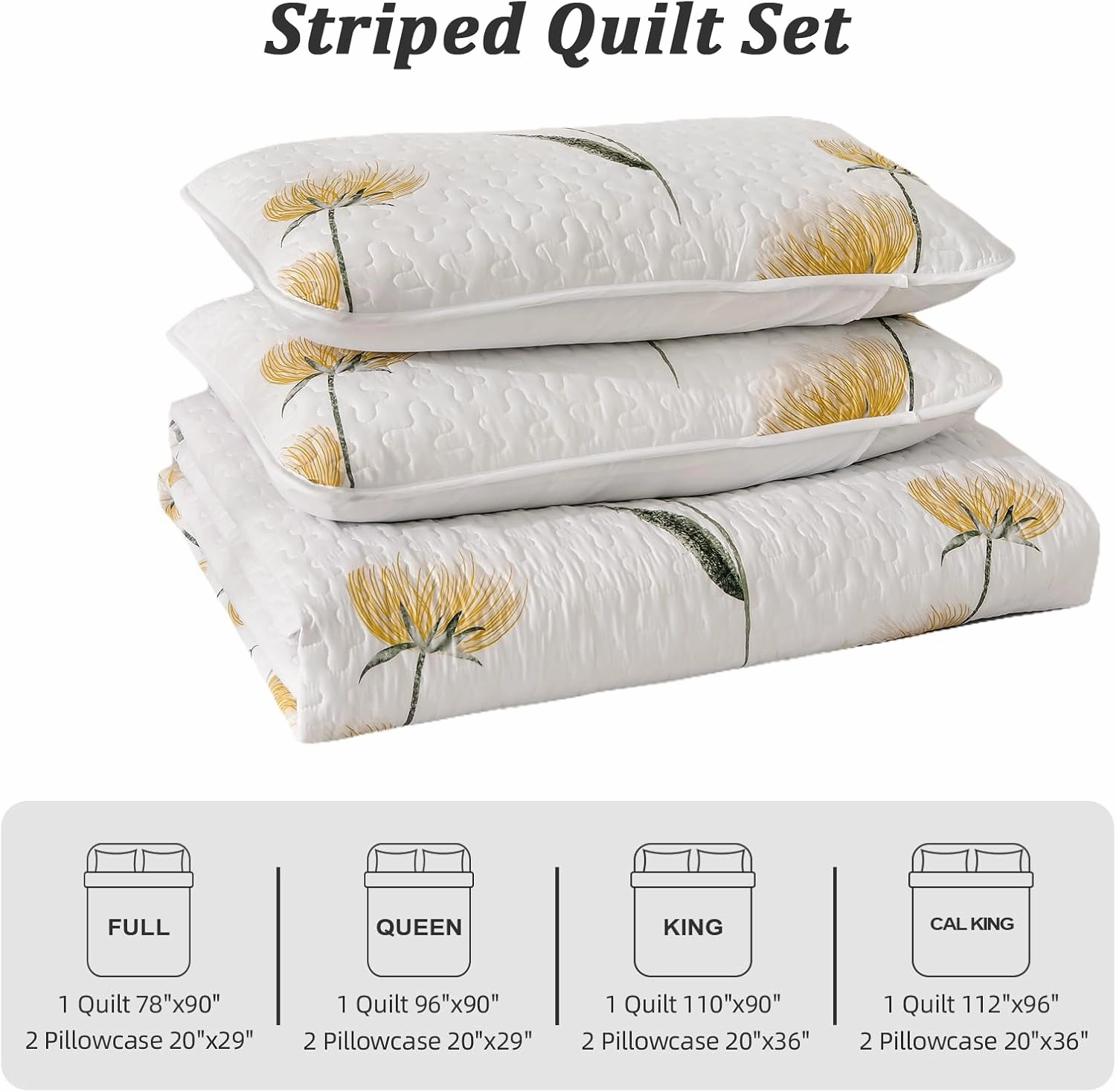 Dinjoy Floral Quilt Set California King Size,Yellow Flower Bedspread Farmhouse Bedding Soft Lightweight Summer Quilts 3 Piece White Oversized Bedspreads Bed Sets (Cal King,110"x96")