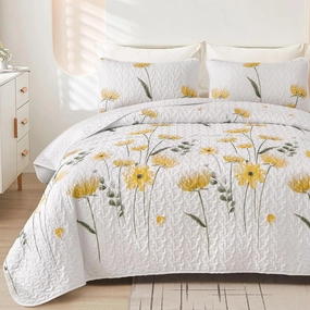 Dinjoy Floral Quilt Set California King Size,Yellow Flower Bedspread Farmhouse Bedding Soft Lightweight Summer Quilts 3 Piece White Oversized Bedspreads Bed Sets (Cal King,110"x96")
