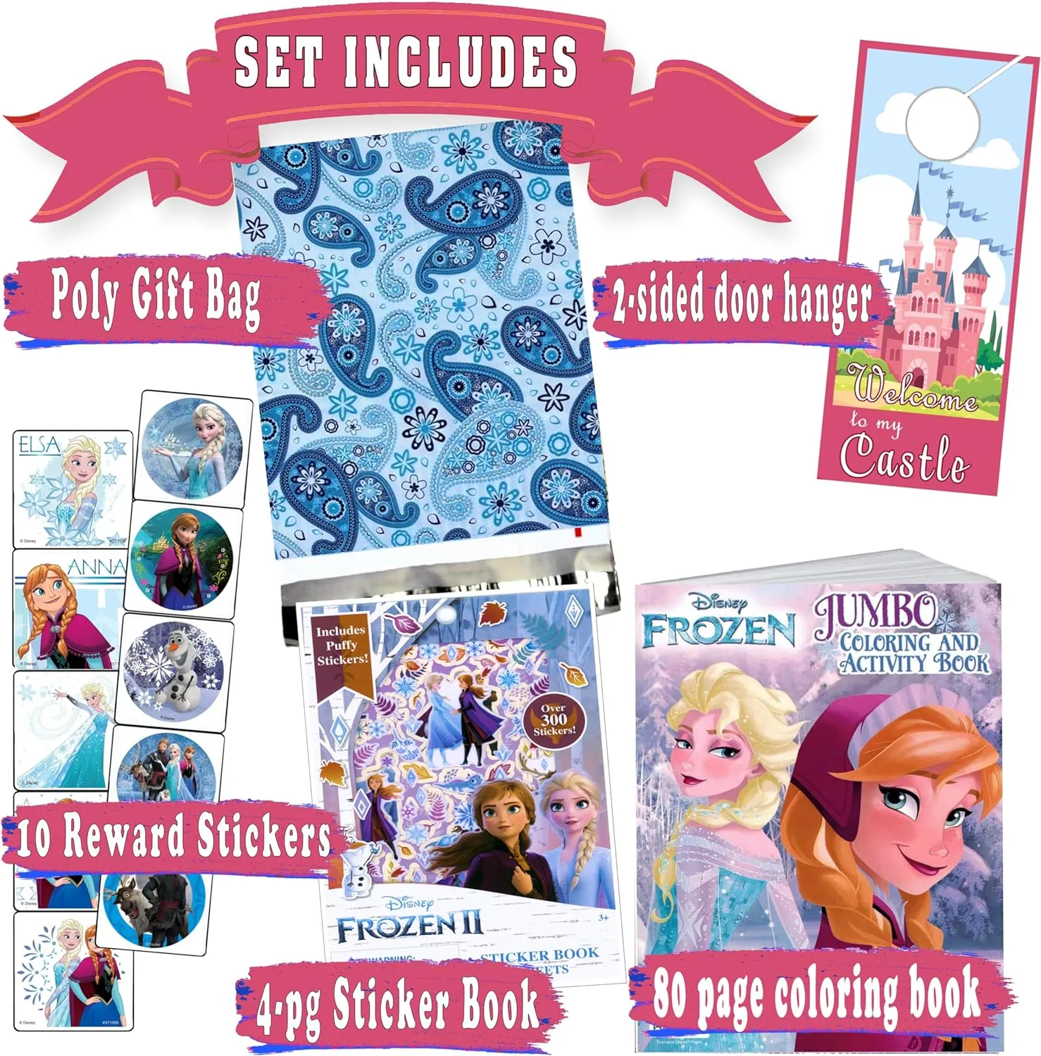 Disney Frozen Coloring Book Set with Frozen Stickers - Bundle Includes Frozen 80-pg Coloring Book, Frozen Stickers, 3-D Puffy Stickers, Castle Door Hanger, in Gift Bag