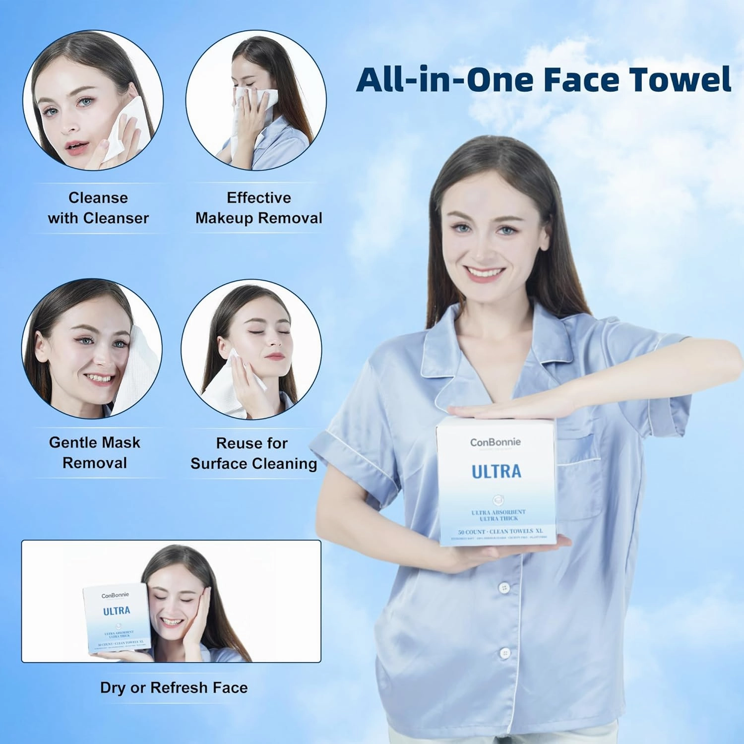 Disposable Face Towel XL, Ultra Ed., 10"×12" Bio-based Facial Towels, Extra Thick Soft Large Face Towelettes, Makeup Remover Dry Wipes for All Skin Types, Facial Tissue,100 Count (2 Pack)