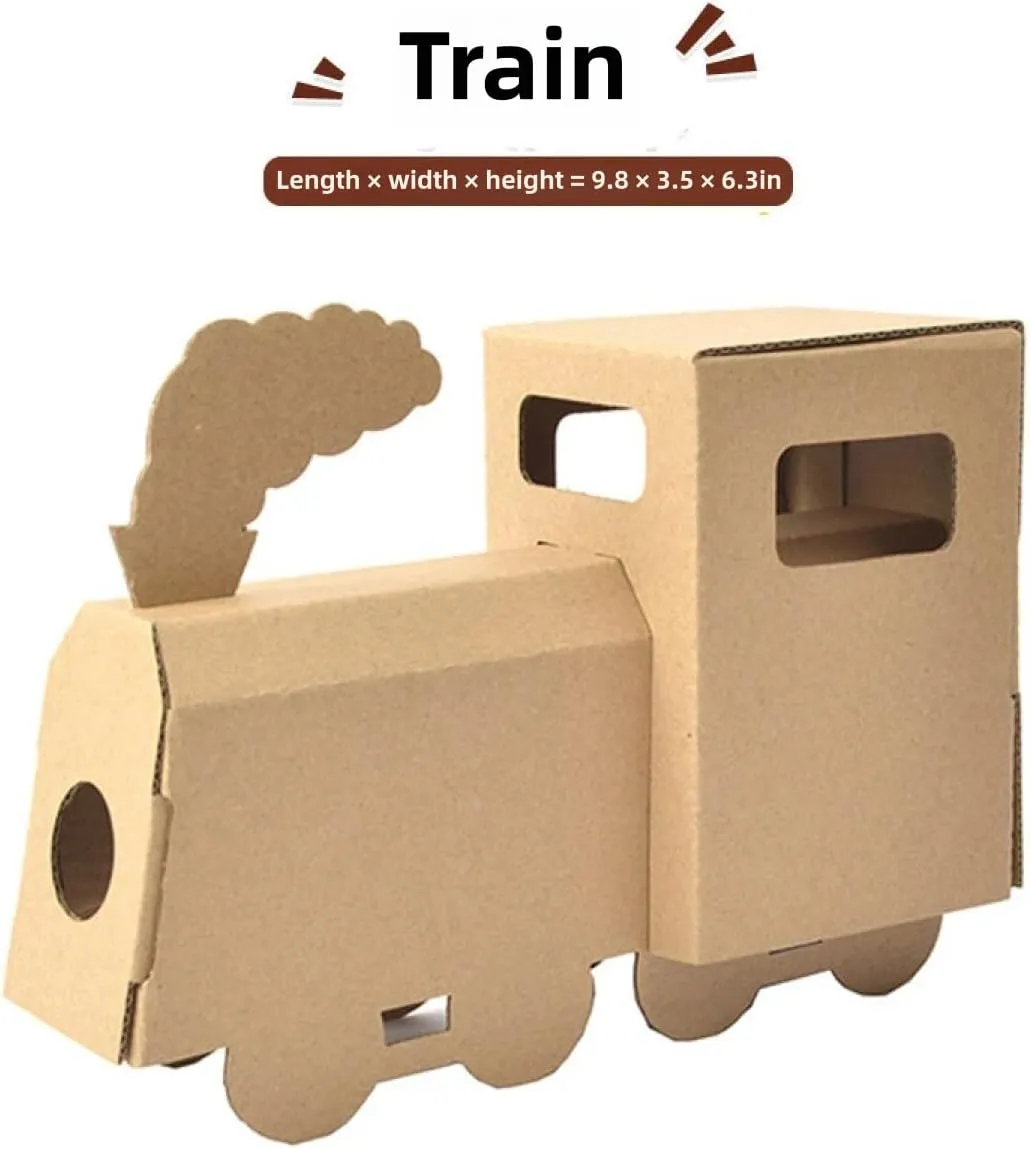 DIY Paper Box Toys, DIY Handmade Paper Box Models, Children's Creative Paper Boxes, Ability Cultivation. Comes with a 12-Color Paint Set. (Train)