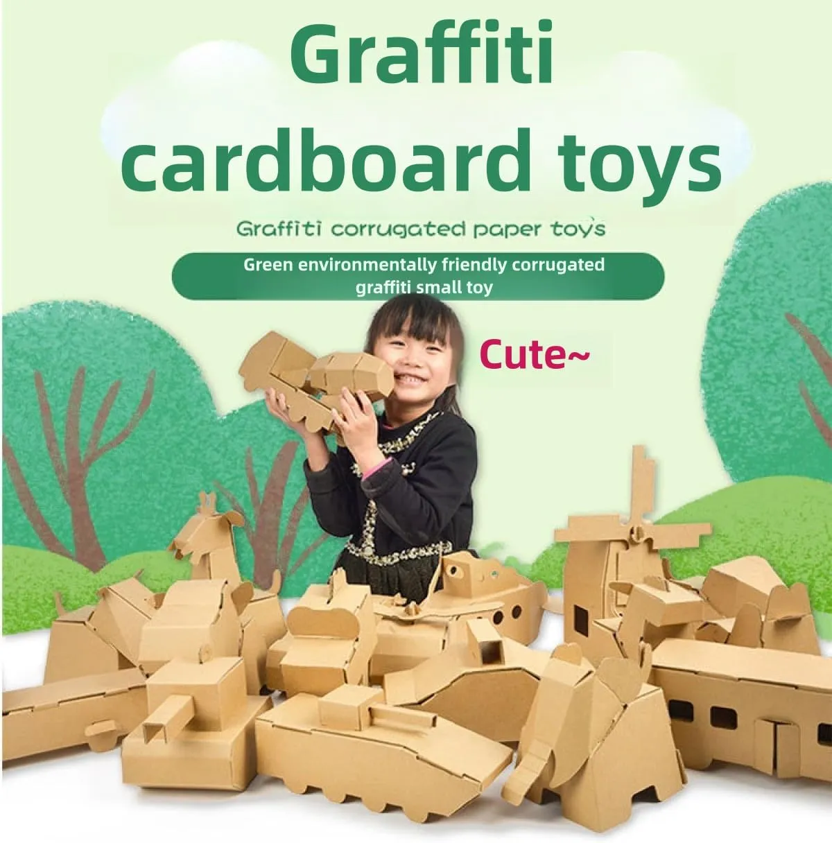 DIY Paper Box Toys, DIY Handmade Paper Box Models, Children's Creative Paper Boxes, Ability Cultivation. Comes with a 12-Color Paint Set. (Train)