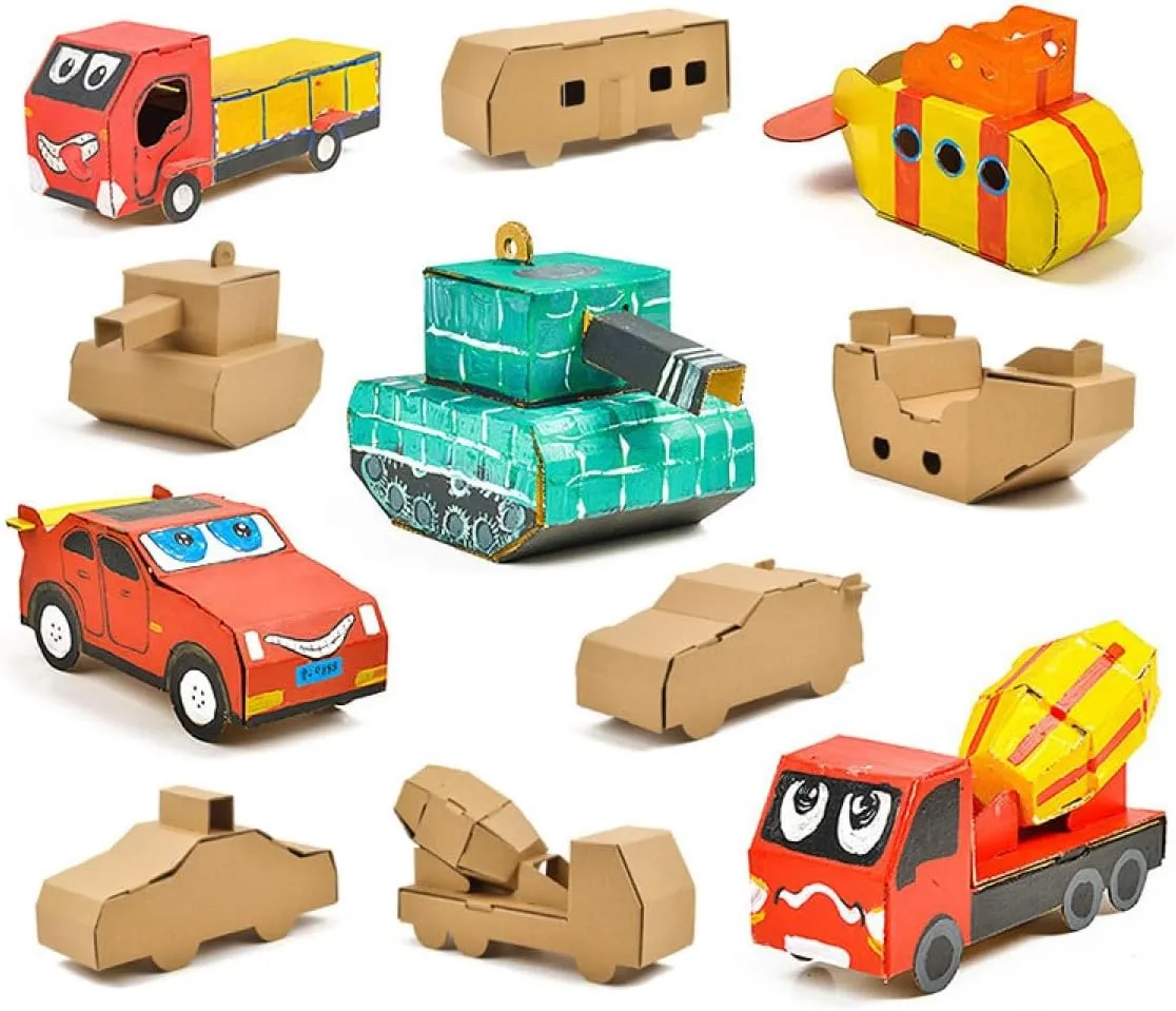 DIY Paper Box Toys, DIY Handmade Paper Box Models, Children's Creative Paper Boxes, Ability Cultivation. Comes with a 12-Color Paint Set. (Train)