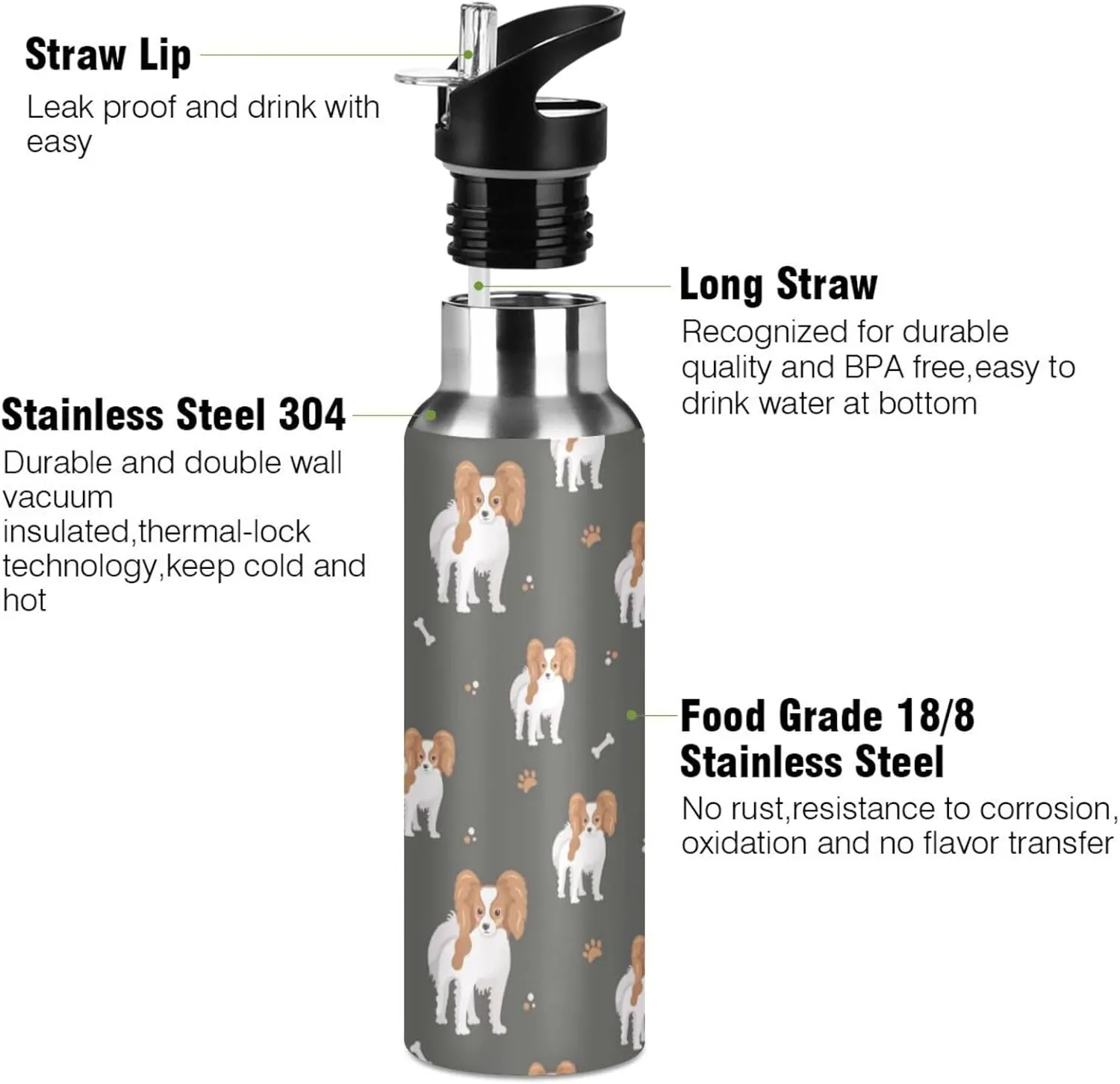Dog Cartoon Pet Water Bottle with Straw Lid Double Wall Cute Puppies Thermos Bottle Vacuum Insulated Flask Stainless Steel Water Bottle for Gym Outdoor 35 OZ
