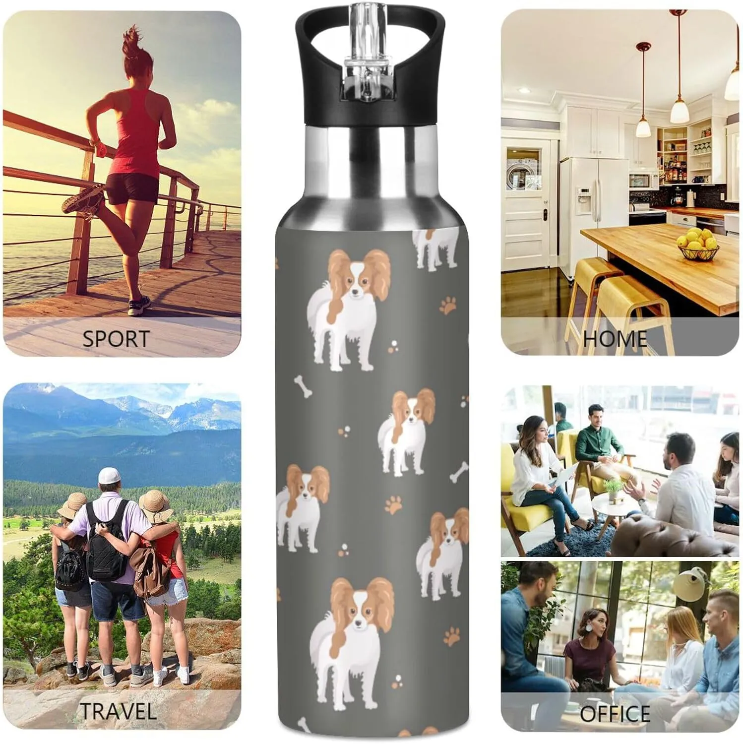 Dog Cartoon Pet Water Bottle with Straw Lid Double Wall Cute Puppies Thermos Bottle Vacuum Insulated Flask Stainless Steel Water Bottle for Gym Outdoor 35 OZ