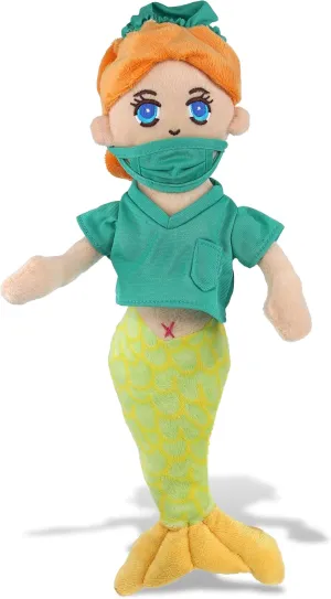 DolliBu Green Mermaid Doctor Plush Toy - Super Soft Mermaid Doctor Stuffed Animal Dress Up with Cute Scrub Uniform and Cap Outfit with Personalization - 14 Inches