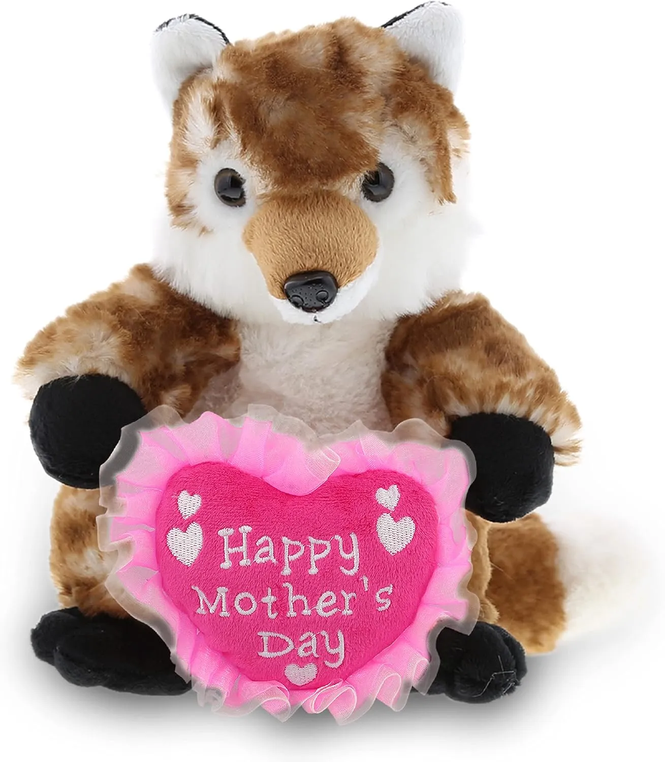 DolliBu Happy Mother's Day Super Soft Plush Fox Figure - Cute Stuffed Animal with Pink Heart Message for Best Mommy, Grandma, Wife, Daughter - 9.5" Inches