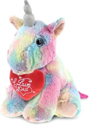 DolliBu I Love You Valentine Plush Floppy Rainbow Unicorn - Cute Stuffed Animal with Red Heart and Name Personalization Gift for Valentines Day, Birthday, Anniversary - 10 Inches
