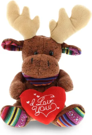 DolliBu I Love You Valentine Plush Funky Sitting Brown Moose - Cute Stuffed Animal with Red Heart and Name Personalization Gift for Valentines Day, Birthday, Anniversary - 9 Inches