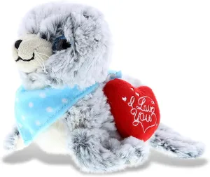 DolliBu I Love You Valentine Plush Gray Sea Lion - Cute Stuffed Animal with Red Heart and Name Personalization Gift for Valentine's Day, Birthday, Anniversary, Romantic Date - 9 Inches