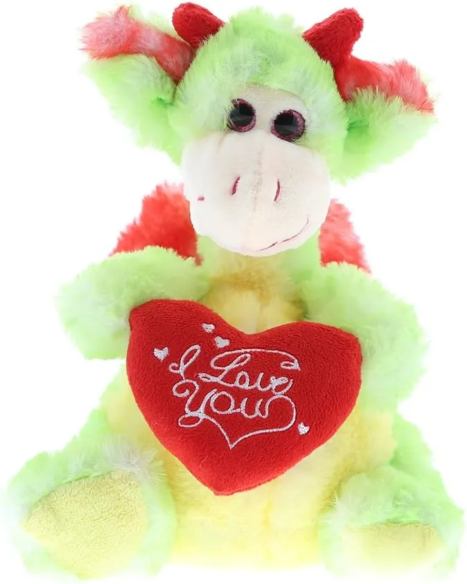 DolliBu I Love You Valentine Plush Green Dragon - Cute Stuffed Animal with Red Heart and Name Personalization Gift for Valentines Day, Birthday, Anniversary, Romantic Date - 8 Inches