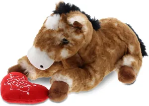 DolliBu I Love You Valentine Plush Lying Brown Horse - Cute Stuffed Animal with Red Heart and Name Personalization Gift for Valentines Day, Birthday, Anniversary, Romantic Date - 10.5 Inches