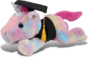 DolliBu Laying Rainbow Unicorn Graduation Plush Toy - Soft Plush Graduation Stuffed Animal Dress with Gown and Cap with Tassel Outfit - Congratulatory Graduation Gift with Personalization - 16 Inch